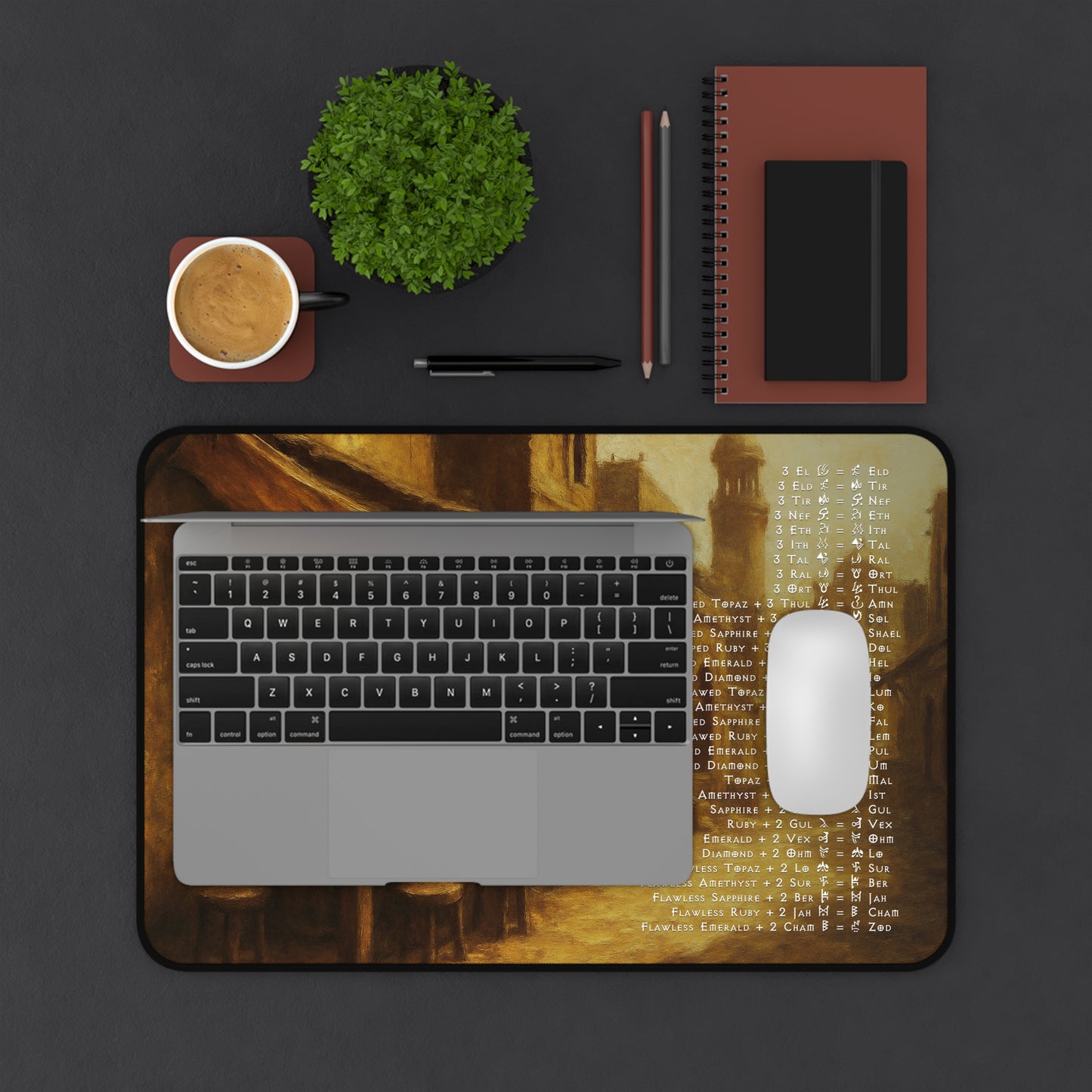 Diablo II Resurrected Horadric Cube Recipes Act 2 Desk Mat Gamer Mouse Pad Lut Gholein Sand City Painting Desk Mat, 3 Sizes, 12" x 18", 12" x 22", 16" x 32"