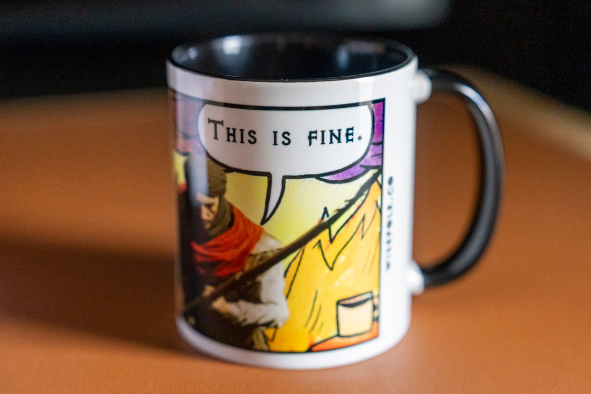 "This is fine" Travincal Mercenary 11oz and 15oz Coffee Mug – For Diablo II Resurrected Players and Coffee Lovers