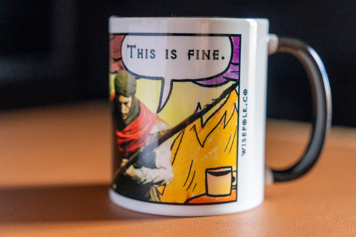 "This is fine" Travincal Mercenary 11oz and 15oz Coffee Mug – For Diablo II Resurrected Players and Coffee Lovers