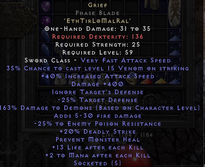 The GRIEF 'Eth Tir Lo Mal Ral' Runeword - Superior Stainless Steel and Plastic Travel 14oz Mug with Item Stats, Coffee Cup Gift for Busy Professionals, D2R Travel Mug, For Hot or Cold Beverage