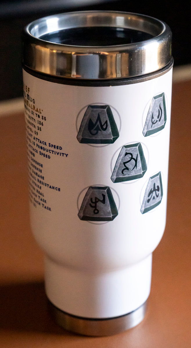 The GRIEF 'Eth Tir Lo Mal Ral' Runeword - Superior Stainless Steel and Plastic Travel 14oz Mug with Item Stats, Coffee Cup Gift for Busy Professionals, D2R Travel Mug, For Hot or Cold Beverage