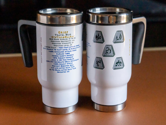 The GRIEF 'Eth Tir Lo Mal Ral' Runeword - Superior Stainless Steel and Plastic Travel 14oz Mug with Item Stats, Coffee Cup Gift for Busy Professionals, D2R Travel Mug, For Hot or Cold Beverage