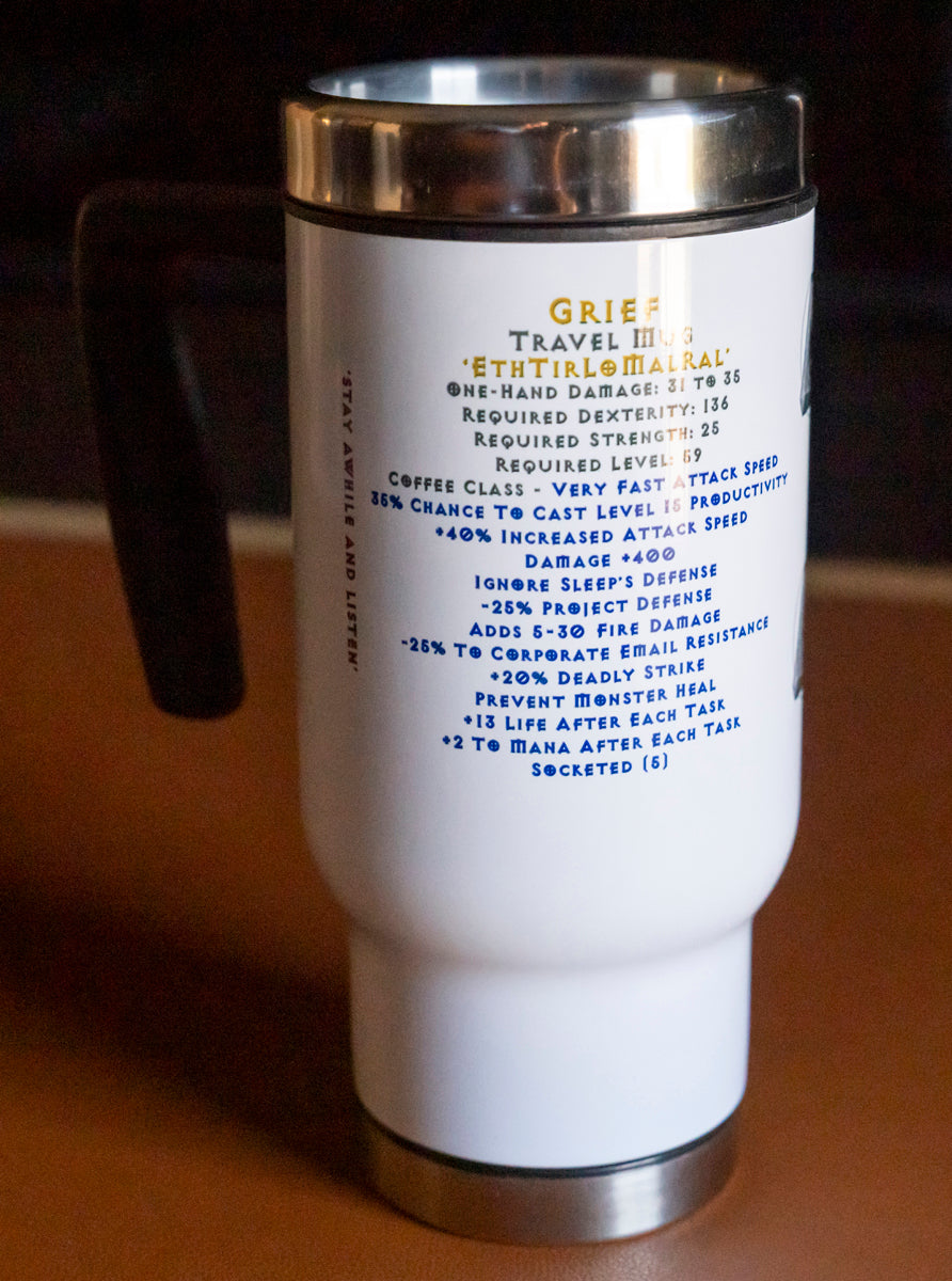 The GRIEF 'Eth Tir Lo Mal Ral' Runeword - Superior Stainless Steel and Plastic Travel 14oz Mug with Item Stats, Coffee Cup Gift for Busy Professionals, D2R Travel Mug, For Hot or Cold Beverage