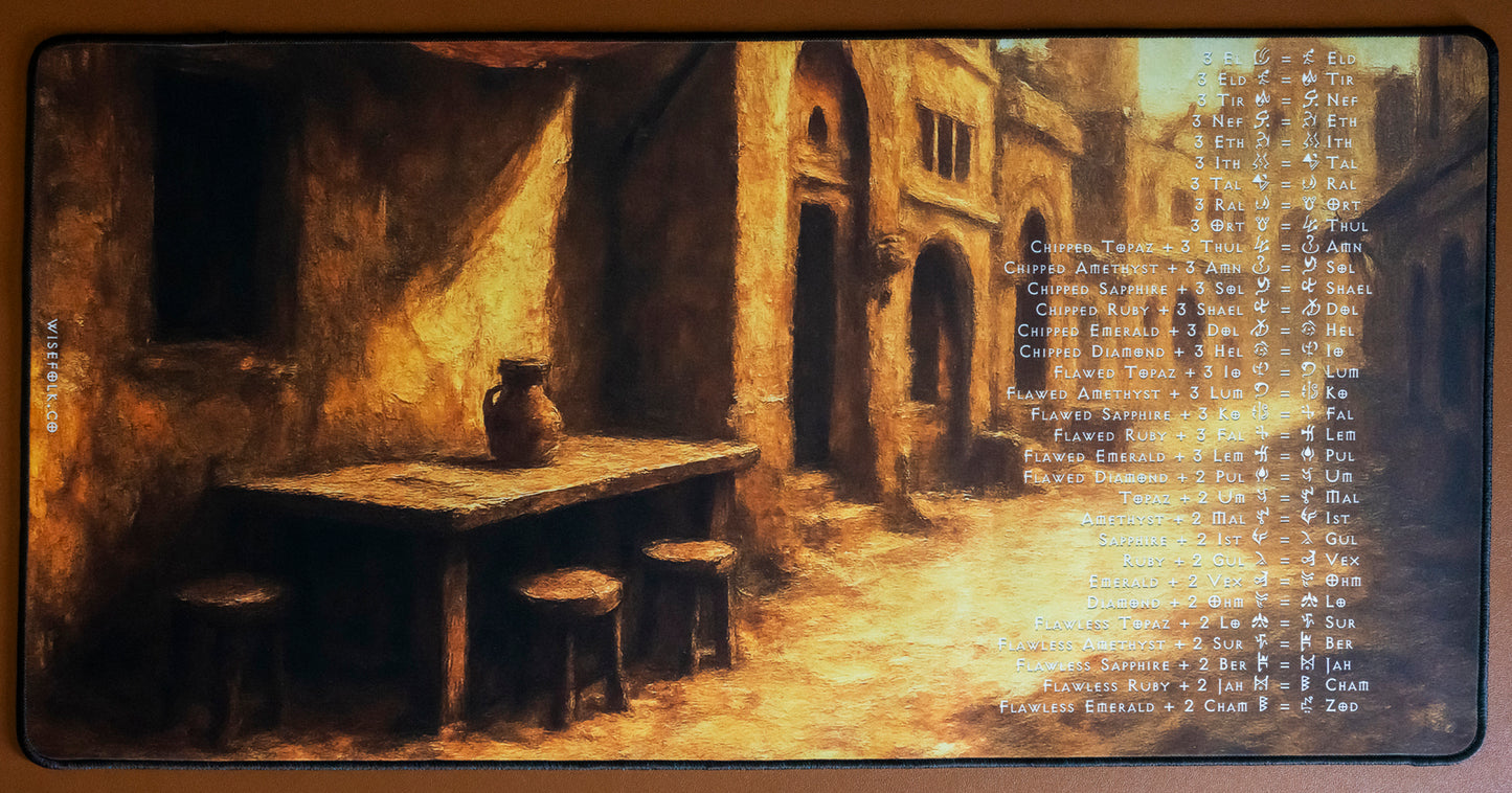 Diablo II Resurrected Horadric Cube Recipes Act 2 Desk Mat Gamer Mouse Pad Lut Gholein Sand City Painting Desk Mat, 3 Sizes, 12" x 18", 12" x 22", 16" x 32"