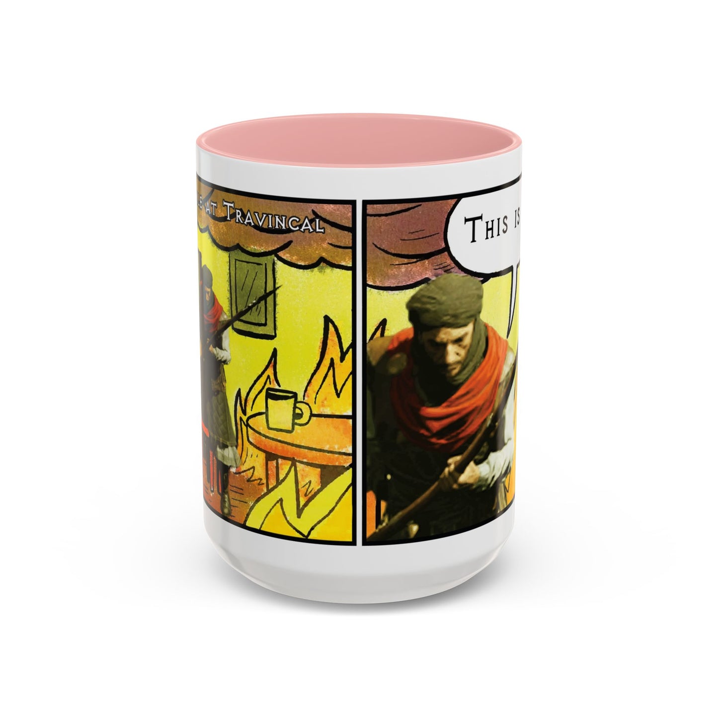 "This is fine" Travincal Mercenary 11oz and 15oz Coffee Mug – For Diablo II Resurrected Players and Coffee Lovers