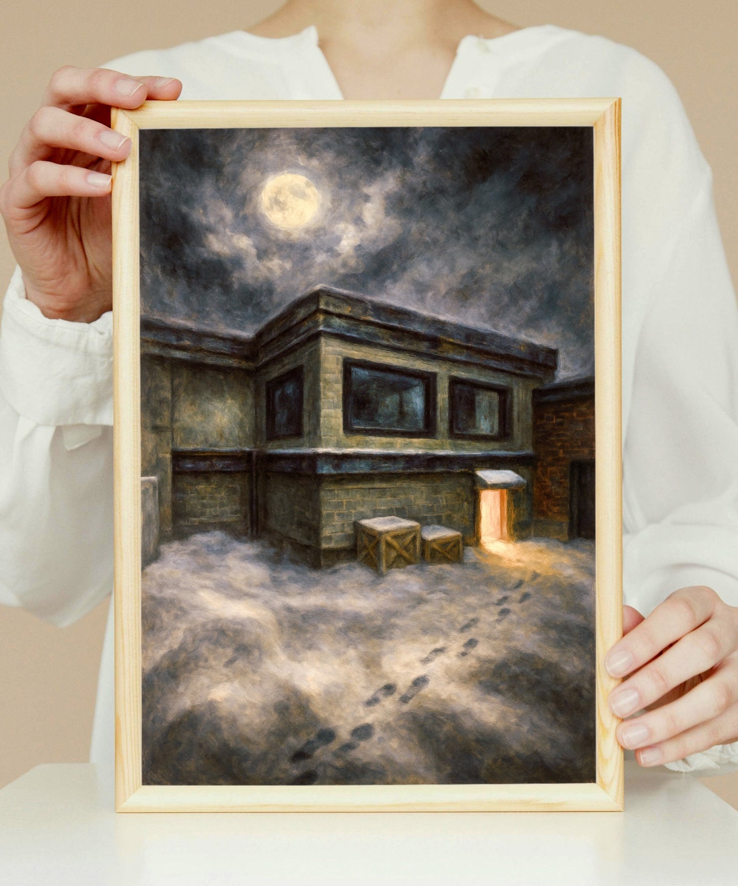 Cs_Office Moonlit Breach at Side Yard and Front Office - Counter-Strike Art Digital Painting Poster Framed Wall Print