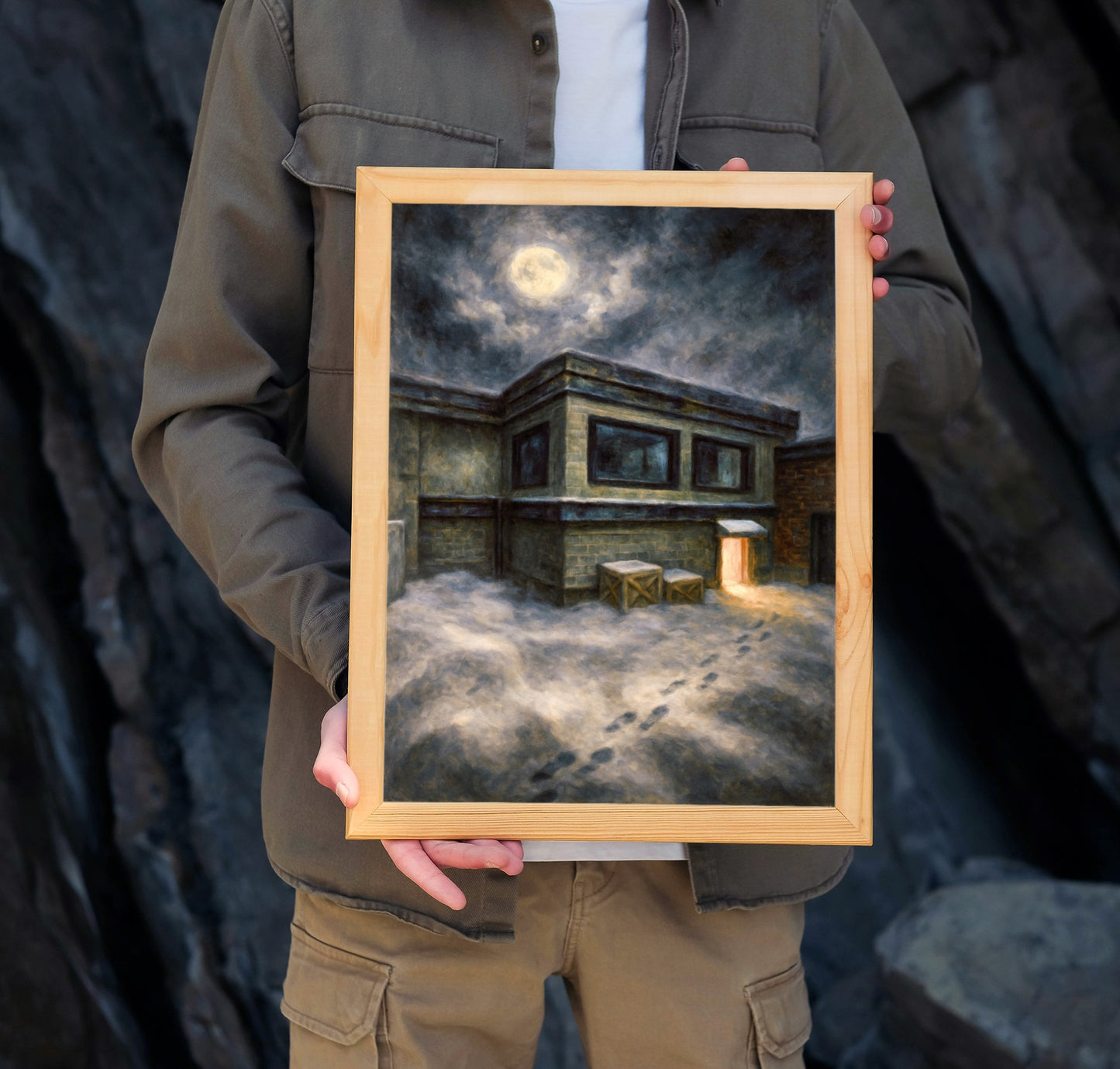 Cs_Office Moonlit Breach at Side Yard and Front Office - Counter-Strike Art Digital Painting Poster Framed Wall Print